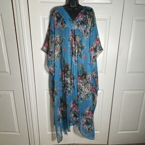 Vintage Expressions Sheer Coverup Women‎ Plus One Size Blue Floral Mumuu Resort